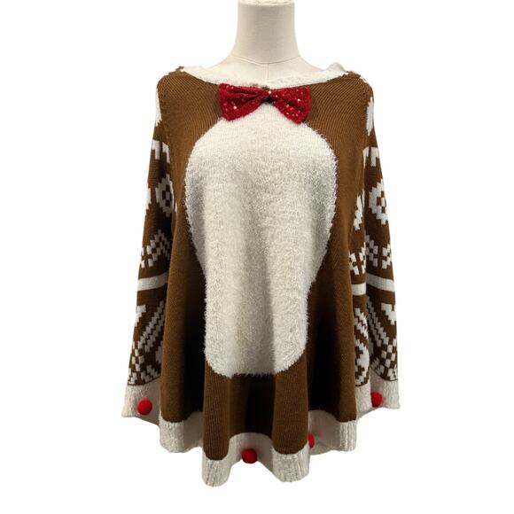 United States Sweaters Jackets & Blazers - Reindeer Holiday Sweater Poncho Women Medium Ugly Xmas Antler Hood Sequin Bow